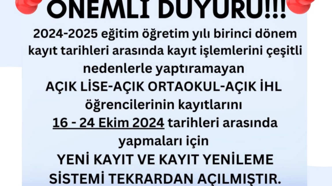 Açık Ortaokul için yeni kayıt ve kayıt yenileme sistemi tekrardan açılmıştır.